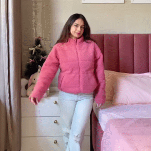 Pink Winter Jacket Look 💗 with Ripped Jeans & Brown Shoes – Cozy Bedroom Edit