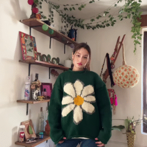 Green Floral Knit Sweater 🌼🧥 – Oversized White Flower Design Styled with Blue Jeans