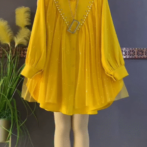 Stylish Yellow Tunic with Pearl and Pleated Details