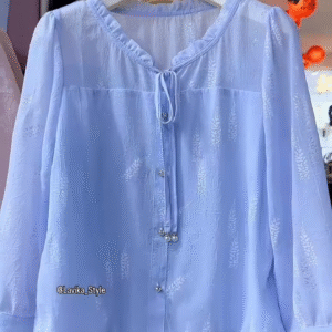 Light Blue Sheer Blouse with Leaf Pattern and Pearl Buttons