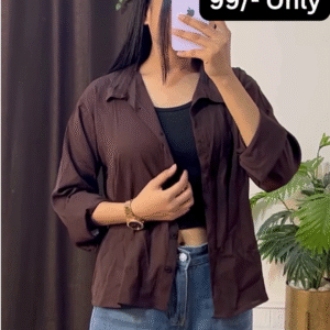 Stylish Brown Overshirt with Black Crop Top and Jeans