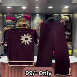 Maroon Two-Piece Sweater Set with Embroidered Daisy