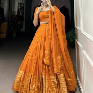 Yellow Color Pure Chanderi Plain Navratri Lehenga Choli