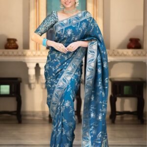 Rama Color Banarasi Jacquard Zari Weaving Saree